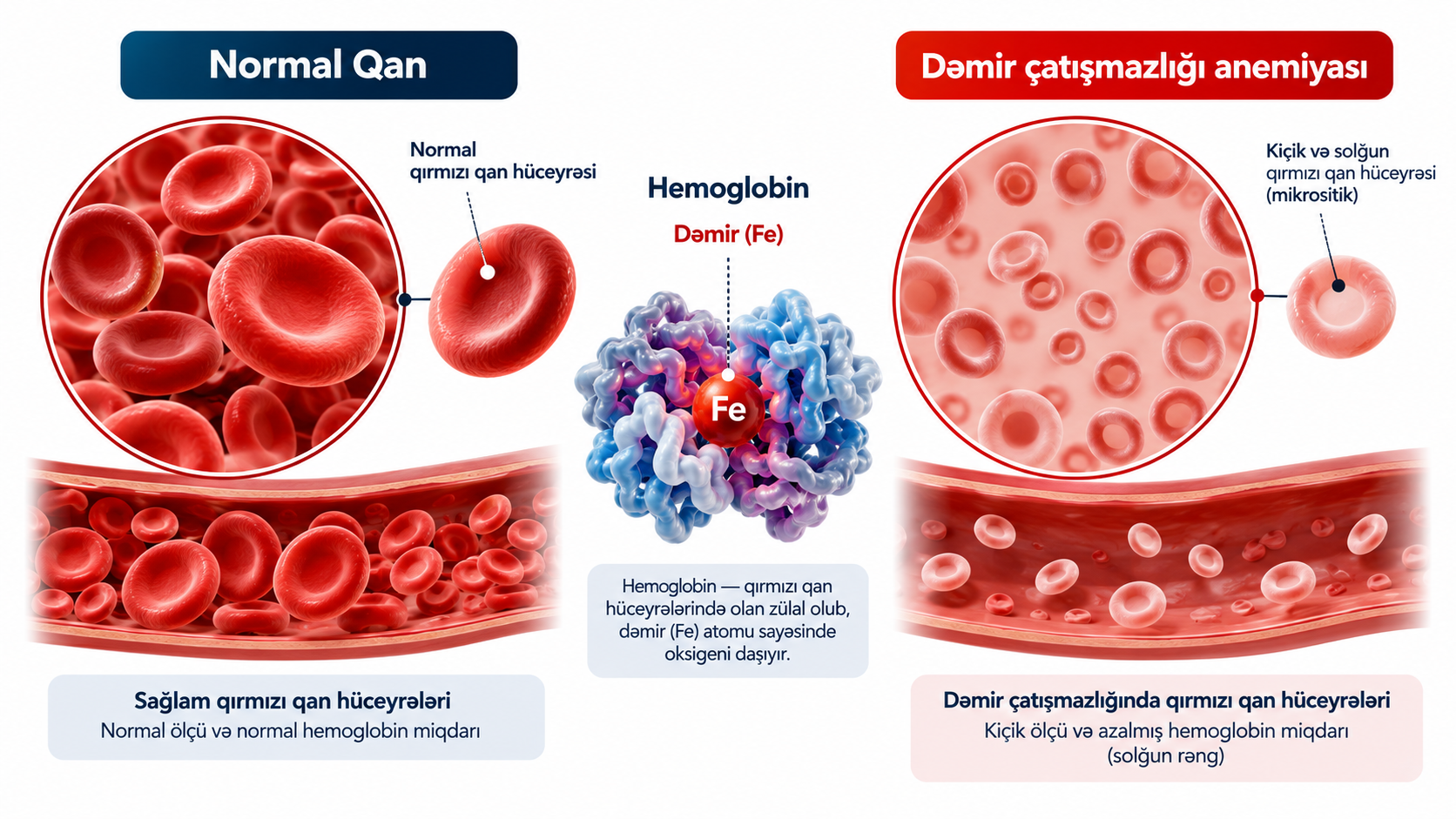 Dəmir çatışmazlığı anemiyasında qan hüceyrələri — normal vs mikrositik eritrositlər
